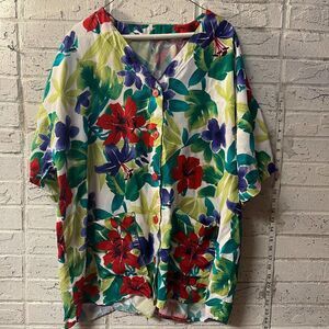 80s Vintage Hawaiian Floral Blouse - Beachy Cottagecore